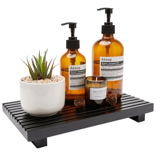 Black Bathroom Counter Tray Organizer Wood Riser Stand Kitchen Soap Holder (12x6.7 inch / Black)