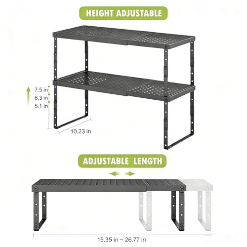 Expandable Cabinet Organizer Shelf With Adjustable Height (Black-2 Pack / 10.23"D*15.35-26.77"W x 7.5"H)