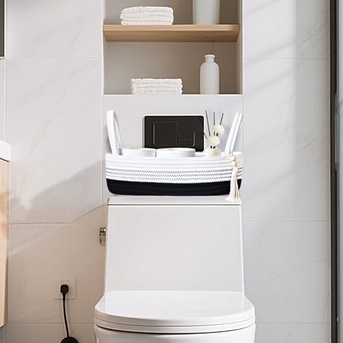 Small Storage Basket for Toilet Tank Top (White & Black / L(13x6x4 Inch))