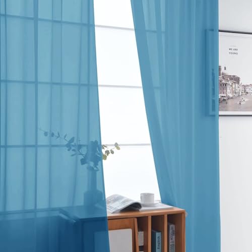Basic Rod Pocket Sheer Voile Window Curtain Panels Blue 1 Pair 2 Panels 52 Width 54 Inch Long for Kitchen Bedroom Children Living Room Yard（Blue (Blue / 52"W x 54"L (Pack of 2))