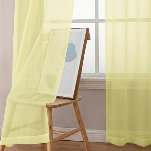 Light Yellow Rod Pocket Top Solid Voile Sheer Curtains for Bedroom (Light Yellow / 42"W x 54"L (Pack of 2))