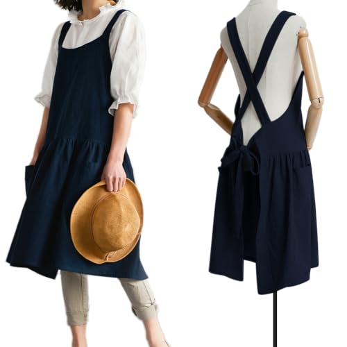 Japanese Cotton Cross Back Pinafore Apron for Women with Pockets Navy (12 - Navy Blue With Waist Ties)