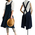 Japanese Cotton Cross Back Pinafore Apron for Women with Pockets Navy (12 - Navy Blue With Waist Ties)