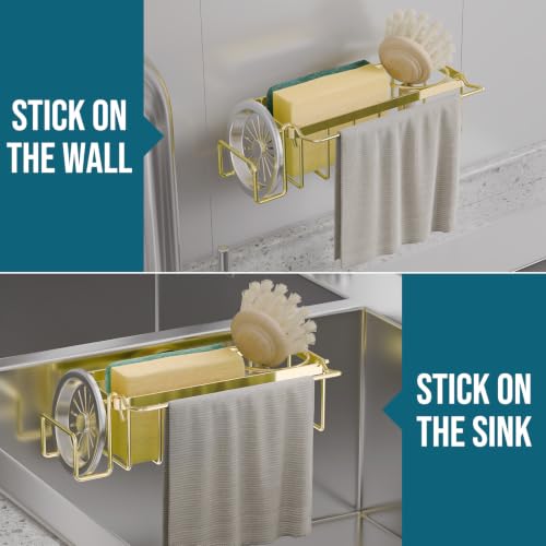 4-in-1 Sponge Holder for Kitchen Sink with Strong Suction Cup-Gold (7.28" x 2.36" / Gold)