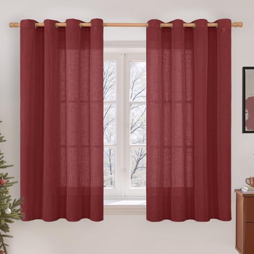 Burgundy Red Semi Sheer Linen Curtains 45 Inches Long 2 Panels (52"W x 45"L (Pack of 2) / Burgundy Red)