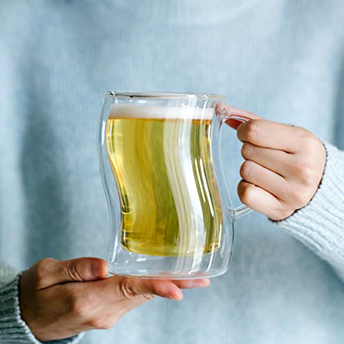 BTaT- Double-Walled Beer Mugs, 16 oz, 4 Pack, Double-Walled Glass with Handle, Insulated Beer Glasses, Drinking Glasses for Bar, Beverages, Alcohol, Water (Clear / 16 oz Beer, Set of 4)