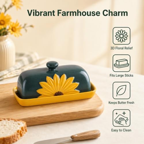 Ceramic Sunflower Covered Butter Dish With Lid Yellow Tray Green Lid Keeper