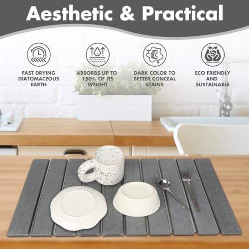 Large Stone Dish Drying Mat for Kitchen Counter (Dark Gray / 23.2" x 15.4")