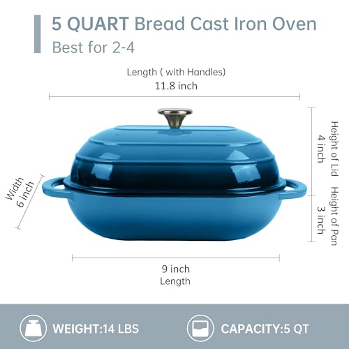 Premium Enameled Cast Iron Dutch Oven for Bread Baking (Oval Blue / 5 QT)