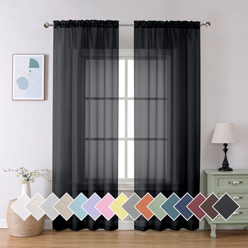2 Panels Solid Color Semi Transparent Sheer 84" Length Window Curtains (40"W x 84"L (Pack of 2) / Black)