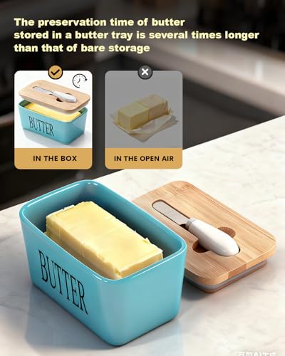 Butter Dish Ceramic with Lid and Knife for Countertop (Lake blue)