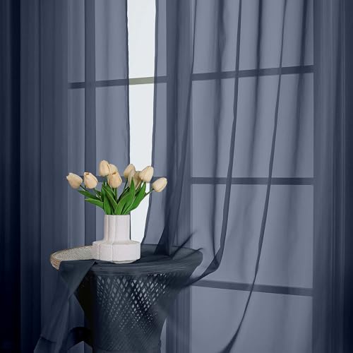 Navy Blue Sheer Curtains 63 Inch Length 2 Panels (Navy Blue / 59"W x 63"L (Pack of 2))