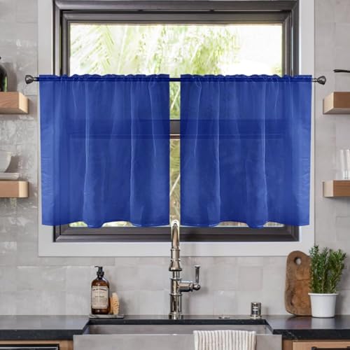 Solid Sheer Rod Pocket Curtain Voile Draperies 2 Panels White Beige Black Ivory Coffee 26 Inch Width 30 Inch Long 1 Pair for Kitchen Bedroom Children Living Room Yard (Blue Sapphire / 26"W x 30"L (Pack of 2))