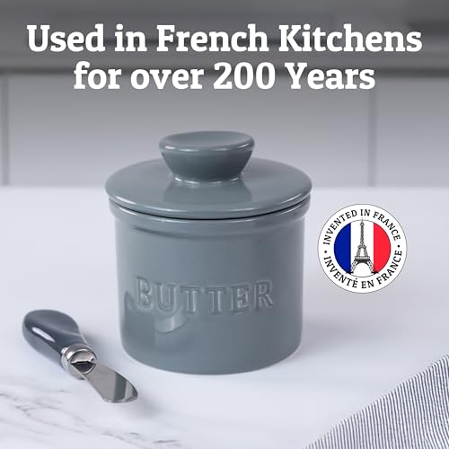 Butter Crock with Lid for Countertop with Spreader Knife and Water Line (Light Grey / Regular)