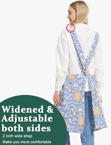 Cozy Adjustable Cross Back Aprons for Women with Pockets Cotton Linen Cooking Kitchen Baking Blue Background Yellow Flowers (Blue Background Yellow Flowers)