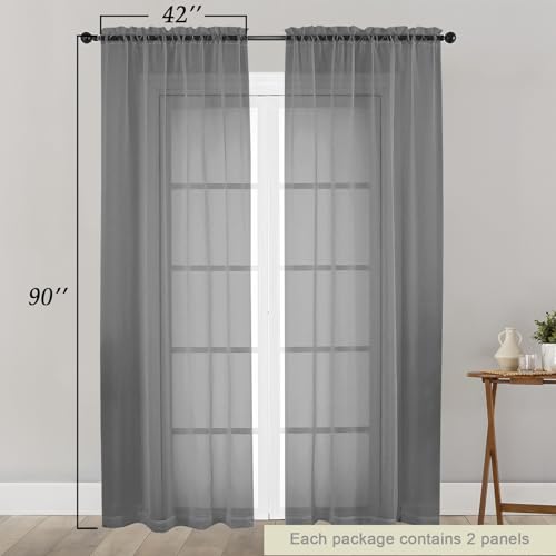 Sheer Grey Curtains for Bedroom Living Room 90 Inches Long 2 Panels Set (Grey / 42"W x 90"L (Pack of 2))