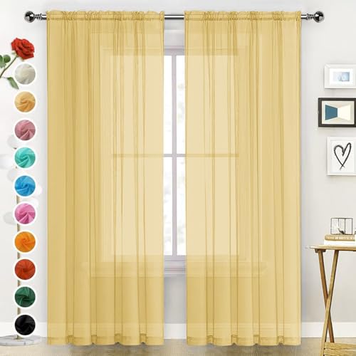 Basic Rod Pocket Sheer Voile Window Curtain Panels Gold 1 Pair 2 Panels 52 Width 63 Inch Long for Kitchen Bedroom Children Living Room Yard（Gold (Gold / 52"W x 63"L (Pack of 2))