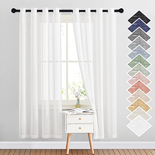 White Sheer Linen Curtains Flax Texture for Bedroom (52"W x 72"L (Pack of 2) / White)