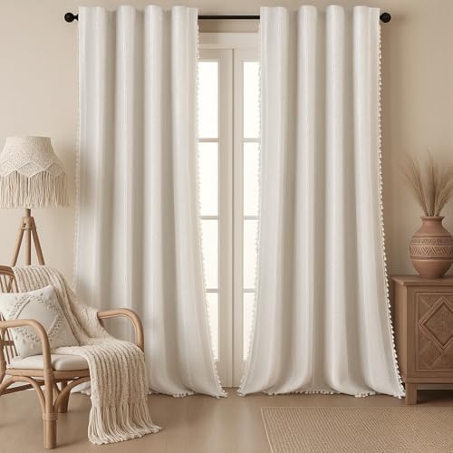 Ivory 100% Boho Blackout Curtains 96 Inch 2 Panels with Tassels (Ivory White / 52"W x 96"L (Pack of 2))