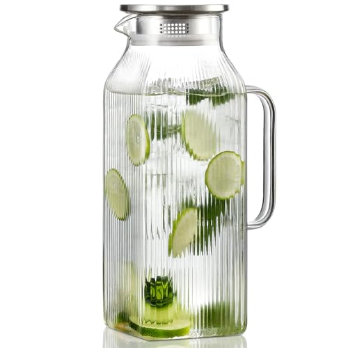 2 Liter 68 oz Square Glass Pitcher with Lid (Silver)