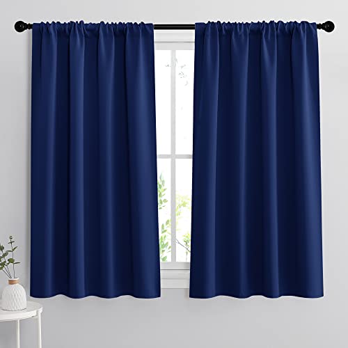 Small Window Curtains 45 inches Length for Kitchen Cafe Bathroom (Marine Blue / 42"W x 45"L (Pack of 2))