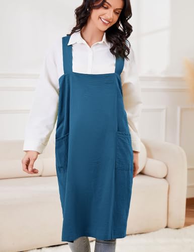 Women's Cotton Cross Back Pinafore with Big Pockets Practical Aprons for Gardening Works (3X-Large / Lake Blue)