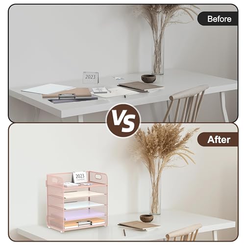 2 Pack 5 Tier Pink Desk Organizer with Handle Mesh Desk File (Pink)