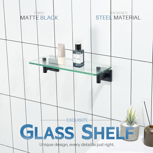 Bathroom Shelves Glass Floating Shelf 12 (Matte Black / 12-Inch(2 Pack))