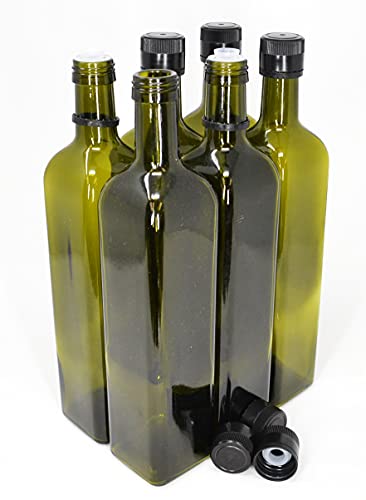 Olive Oil Bottles with Cap & Pourer Fitment (6 x 750ml Sqr / Green)