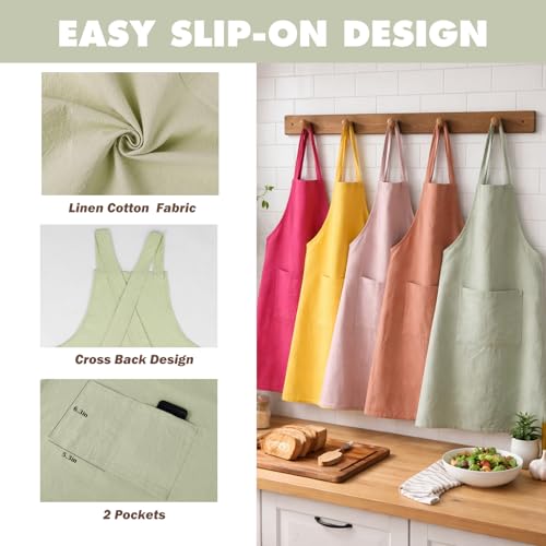 Apron for Women with Pocket Cotton Linen (Lightgreen / Medium)
