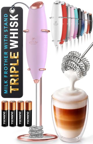 Powerful Milk Frother Wand With Duracell Batteries (Regal Lavender / Triple Whisk + Batteries)