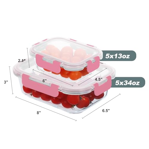 10 Pack Glass Food Storage Containers with Lids (Pink / 10-Pack)