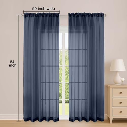 Sheer Curtains 84 Inches Long 2 Panels Set (Navy Blue / 59"W x 84"L (Pack of 2))