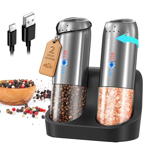 Gravity Electric Salt and Pepper Grinder Set with Rechargeable Base (Stainless Steel)