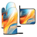 Burnt Orange Blue Abstract Fluid Oven Mitts and Pot Holders Sets of 3 (Blue Orange)