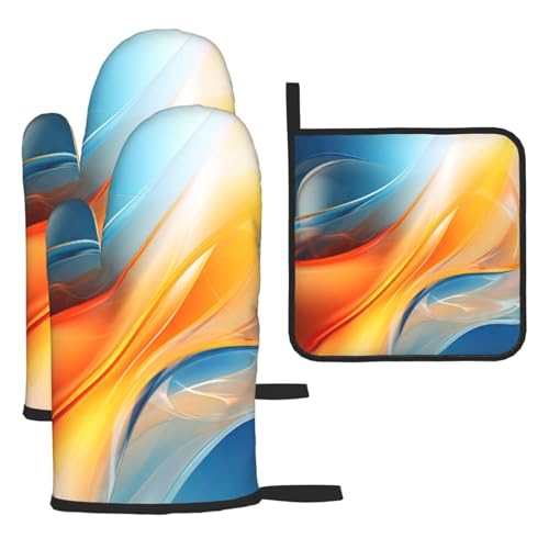 Burnt Orange Blue Abstract Fluid Oven Mitts and Pot Holders Sets of 3 (Blue Orange)
