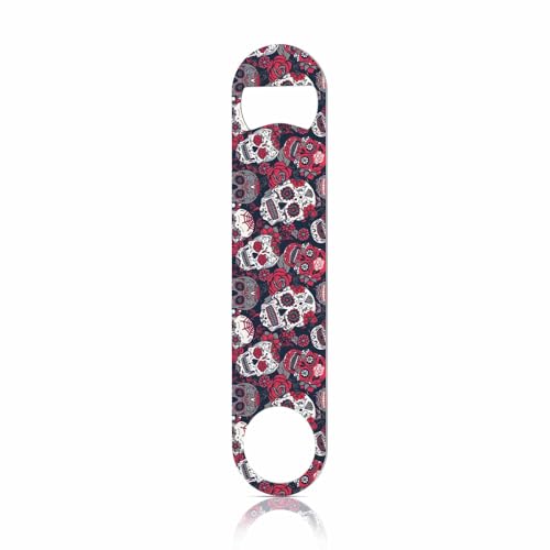 Skull and Flowers Stainless Steel Bottle Opener Day of The Dead Skull Red Peony Rock Roll Fashion Style Flat Beer Bottle Opener Keychain for Home Kitchen Bar Restaurant Party Birthday Gift (Skull and Flowers)
