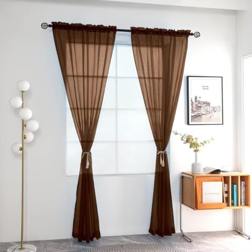 Solid Sheer Rod Pocket Curtain Voile Draperies 2 Panels White Beige Black Ivory Coffee 22 Inch Width 50 Inch Long 1 Pair for Kitchen Bedroom Children Living Room Yard (Brown / 22"W x 50"L (Pack of 2))