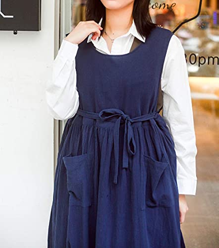Women Plus Size Cotton Linen Vintage Pleated Split Apron Pinafore Dress with Two Pockets (Navy / 43.4"L)