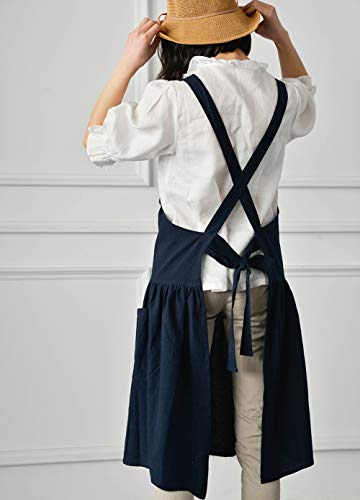 Japanese Cotton Cross Back Pinafore Apron for Women with Pockets Navy (12 - Navy Blue With Waist Ties)