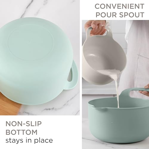 Nesting Plastic Mixing Bowl Set with Pour Spouts and Handles (Mint 6 Piece / 6 Piece Non-Slip)