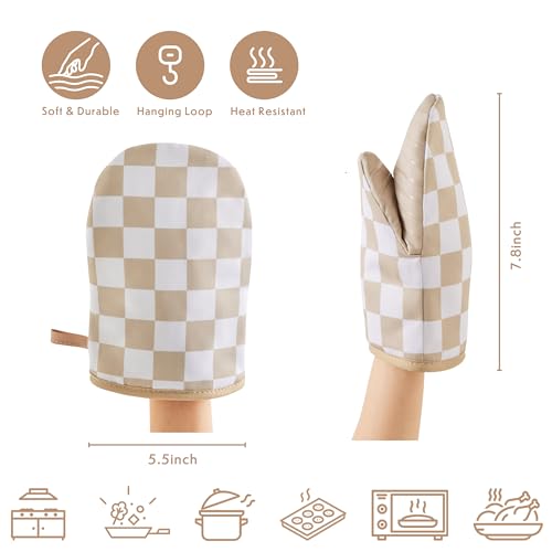 Beige Checkered Mini Oven Mitts Heat Resistant (Beige)