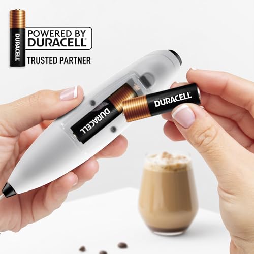 Powerful Milk Frother Wand With Duracell Batteries (Pearl White & Black / Triple Whisk + Batteries)