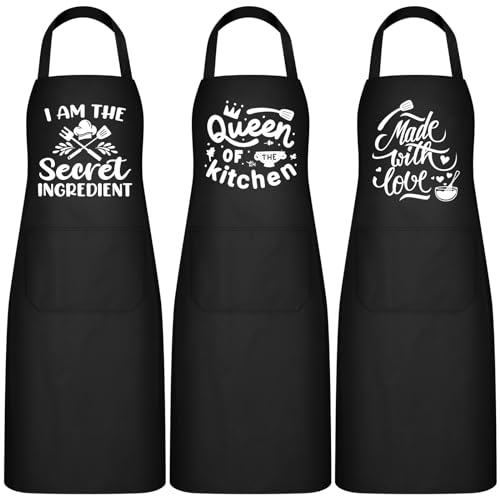 3 Pack Women Funny Cooking Aprons with Pockets (Black)