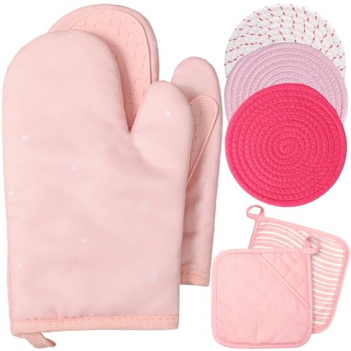 Pink Oven Mitts and Pot Holders 7 Sets (Pink White / Rubber Cotton / Stripes)