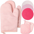 Pink Oven Mitts and Pot Holders 7 Sets (Pink White / Rubber Cotton / Stripes)