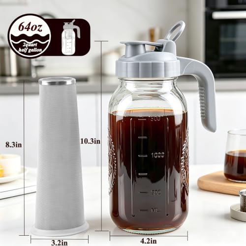 Cold Brew Coffee Maker 64oz Mason Jar Pitcher with Stainless Steel Filter (Grey-64OZ / 64 Ounces)