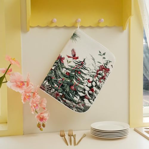 Christmas Dish Drying Mat 18 x 24 inch Winter Christmas Tree Pine Trees Decorative Drying Mats Microfiber Absorbent Xmas Decor Dish Washable Draining Mat for Kitchen Counter (18" x 24" / Christmas2)
