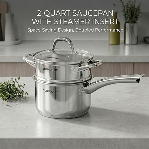 2 QT Stainless Steel Saucepan with Lid and Steamer Basket Insert