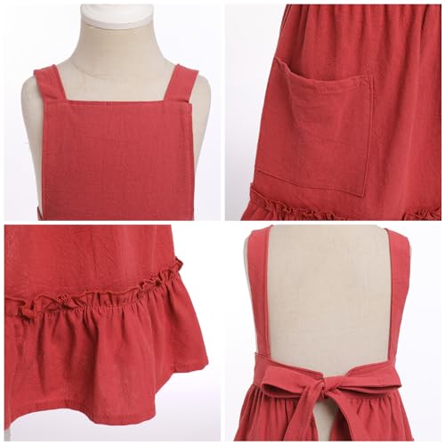 Play House Toddler Apron Cotton Linen Apron Housewarming Gift Mother's day Cute Aprons For Kids Cross Back Aprons For Girls Baking Pottery Pinafore Art Apron Red Kids 3 (Red Kids / 3-6 Years)